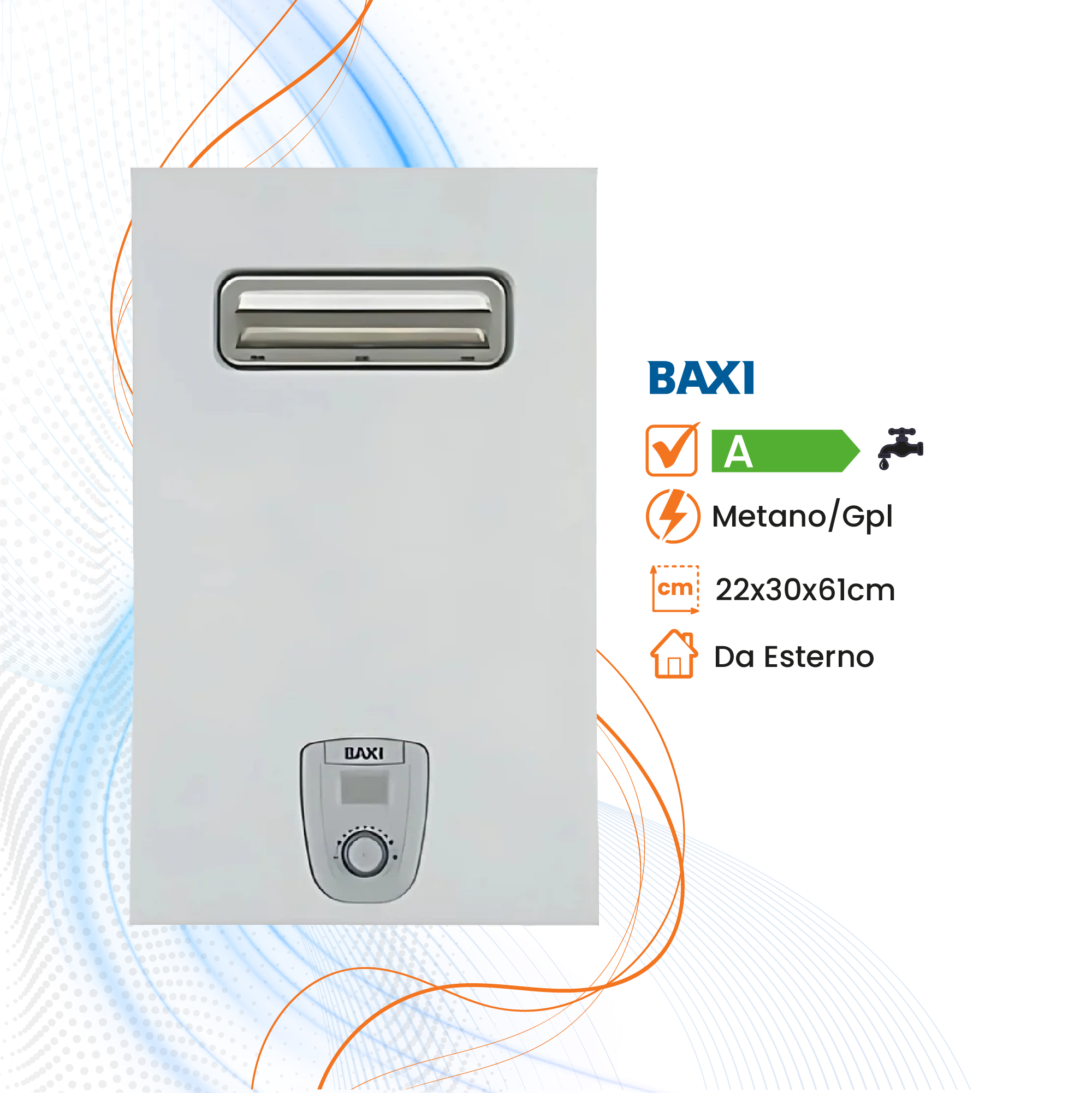 Scaldabagno Baxi AcquaPro Jet Blue Air Low Nox a Gas Camera Stagna - Da Esterno - Climaprime