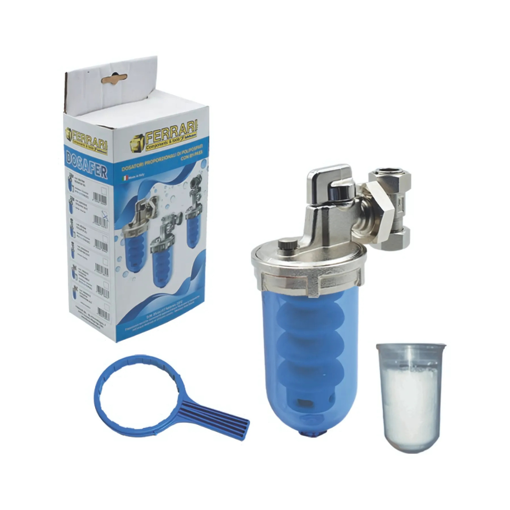 DOSATORE PROPORZIONALE DI POLIFOSFATI IN POLVERE CON BY-PASS FERRARI DOSAFER  1/2" - Climaprime