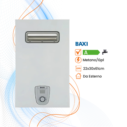 Scaldabagno Baxi AcquaPro Jet Blue Air Low Nox a Gas Camera Stagna - Da Esterno - Climaprime